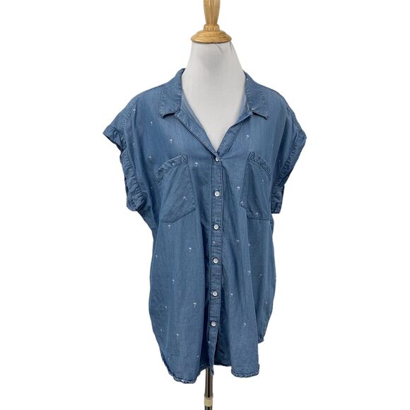 Jachs Girlfriend Shirt Women XL Blue Chambray Button Front Palm Trees Cap Sleeve - Picture 1 of 12